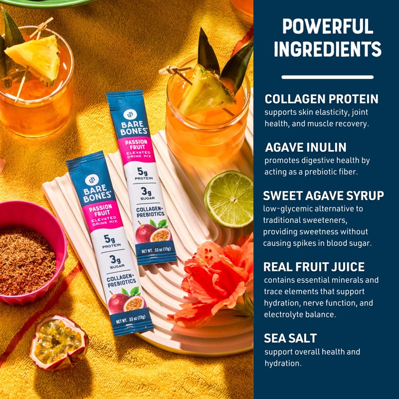 Bare Bones Passion Fruit Elevated Drink Mix | Light & Flavorful | Gluten-Free & Naturally Sweetened | On-the-Go Stick Single-Serve Packs Powdered Refreshment | 5g Protein | 16 Packets (.60 oz) - Image 5